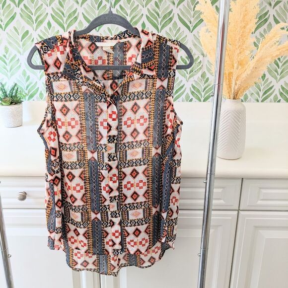 Tribal Geometric Sheer Sleeveless blouse H&M button down - Picture 1 of 9